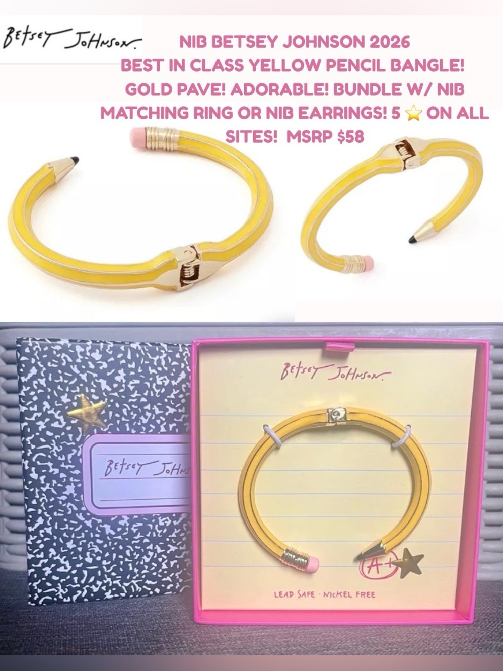 NIB BETSEY JOHNSON BEST IN CLASS 2026 YELLOW PENCIL BANGLE BRACELET! BUNDLE!